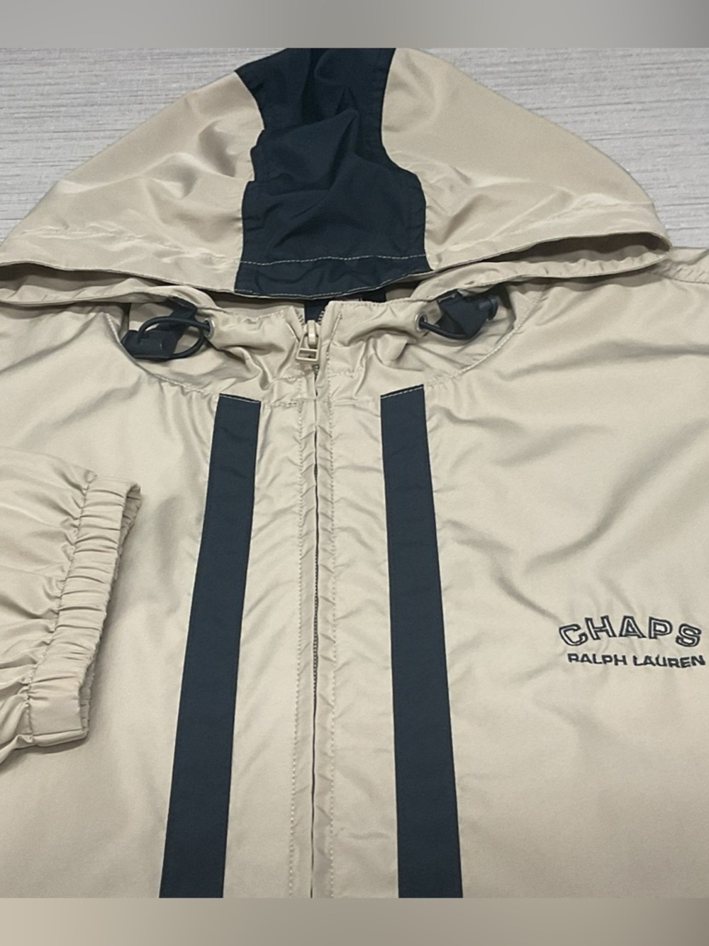 Ralph Lauren Chaps Beige/Navy Stripe Windbreaker Hooded Size XL